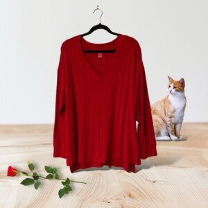 St. John’s Bay Woman Red Ribbed Knit l/s V/Neck Top